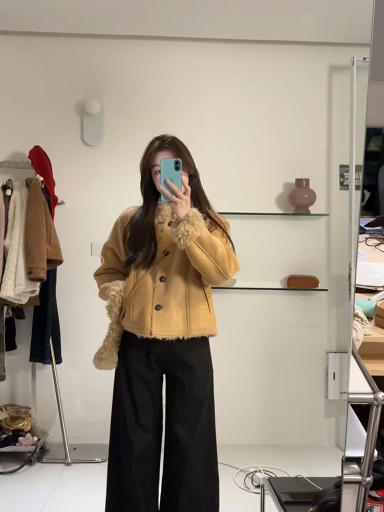 Lapel suede retro winter tops short thermal thick coat