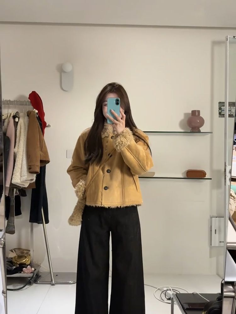 Lapel suede retro winter tops short thermal thick coat