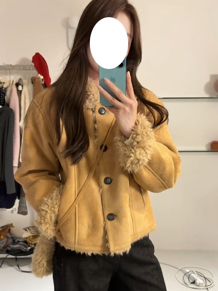 Lapel suede retro winter tops short thermal thick coat