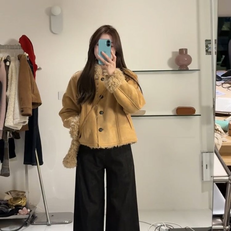 Lapel suede retro winter tops short thermal thick coat