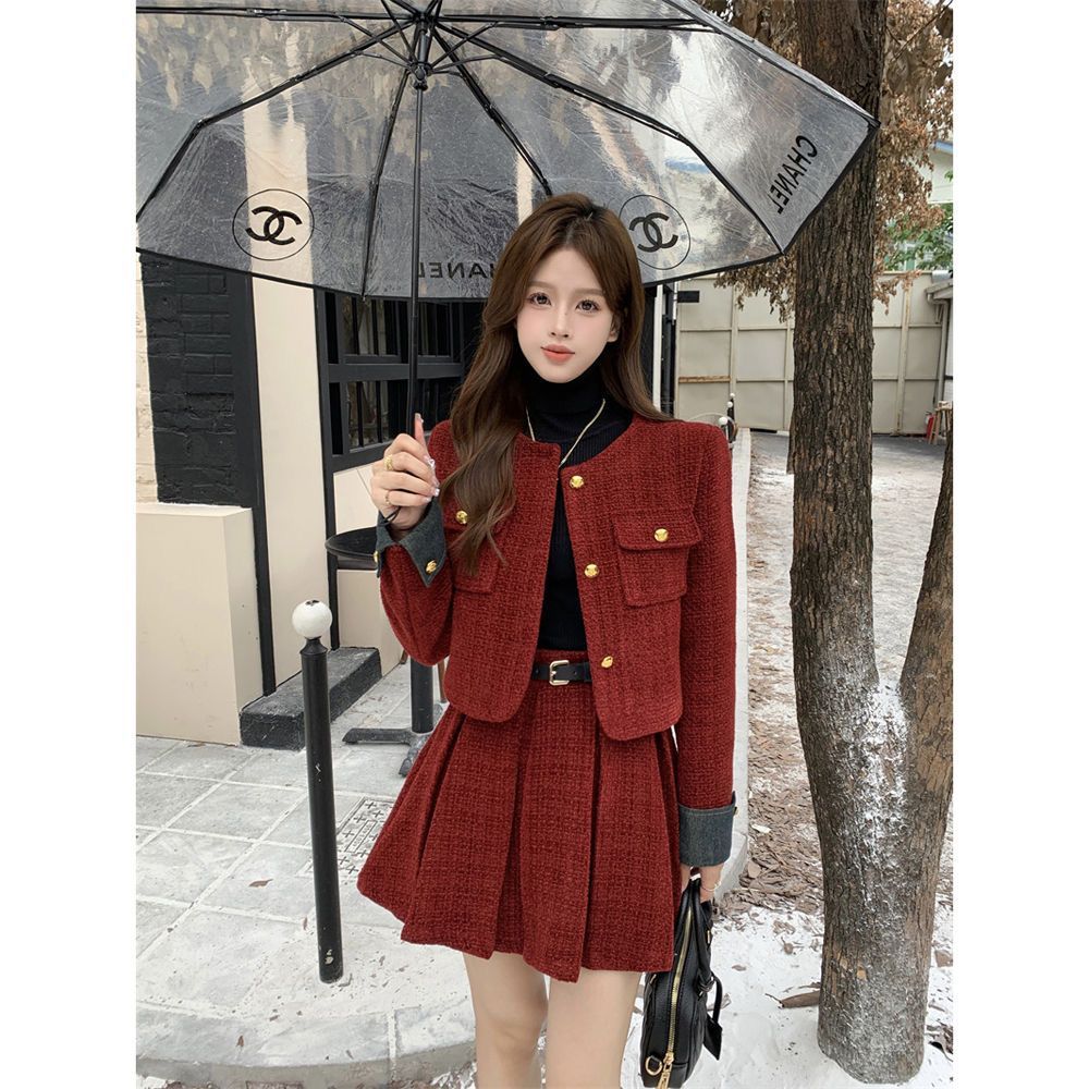 Red autumn and winter skirt chanelstyle coat 2pcs set