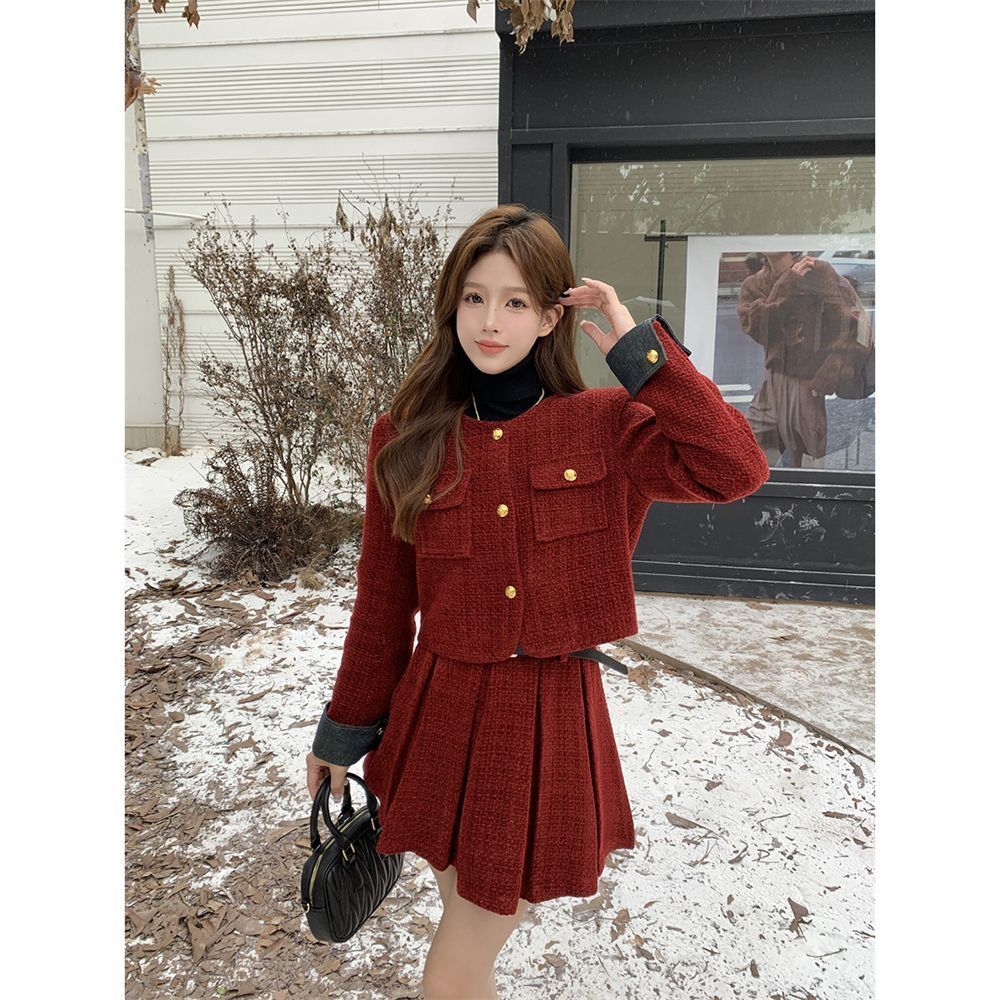 Red autumn and winter skirt chanelstyle coat 2pcs set