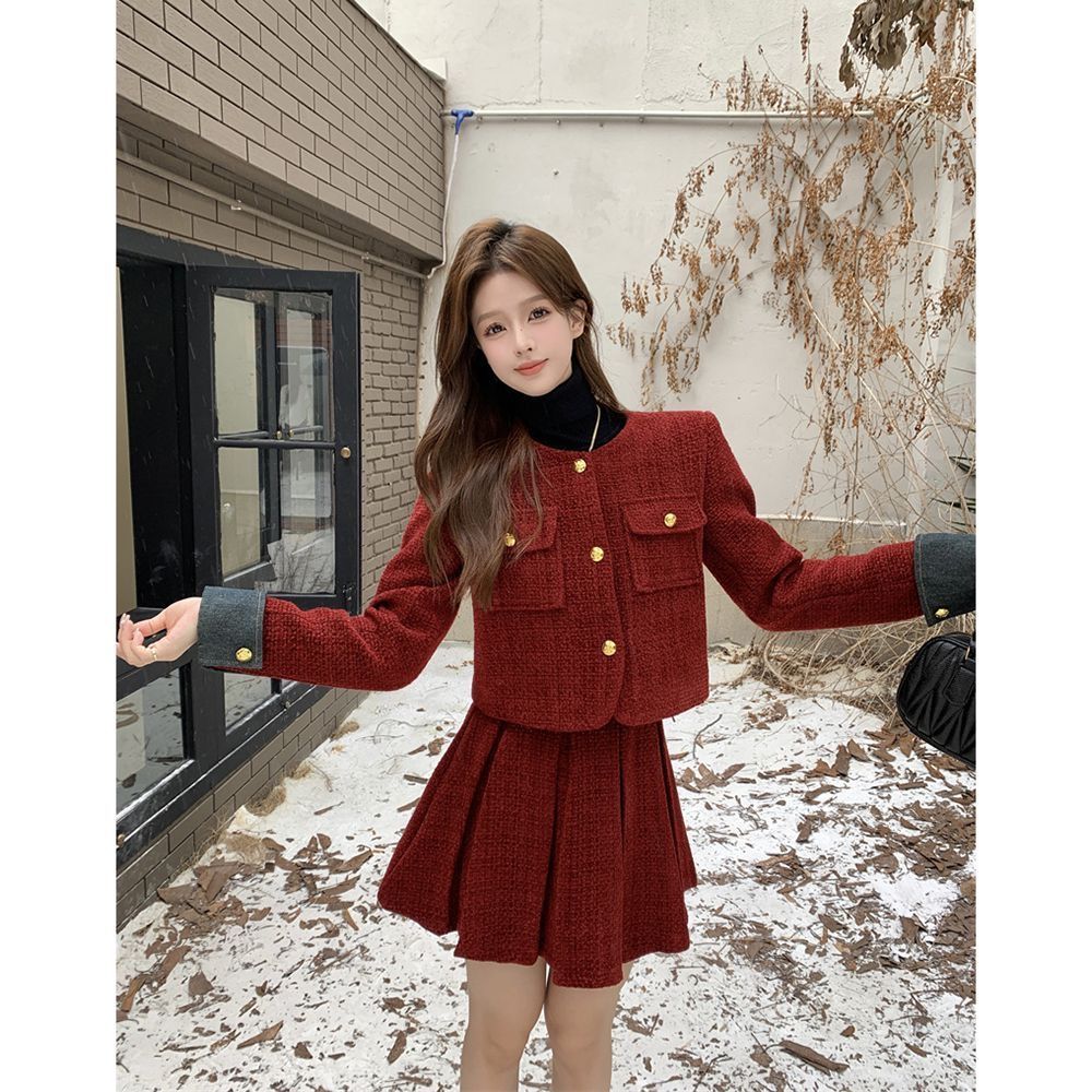 Red autumn and winter skirt chanelstyle coat 2pcs set