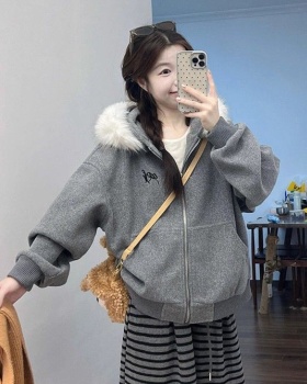 Thick hooded coat lazy fur collar hoodie for women