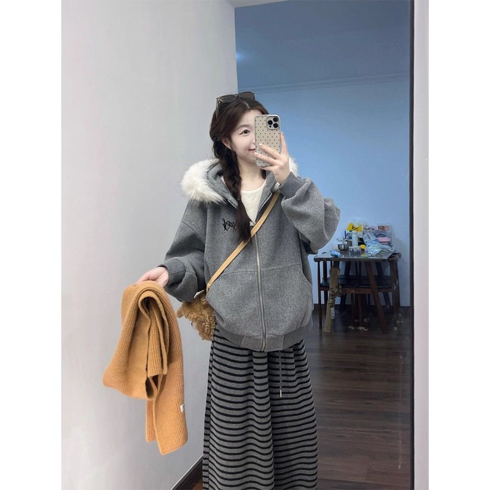 Thick hooded coat lazy fur collar hoodie for women