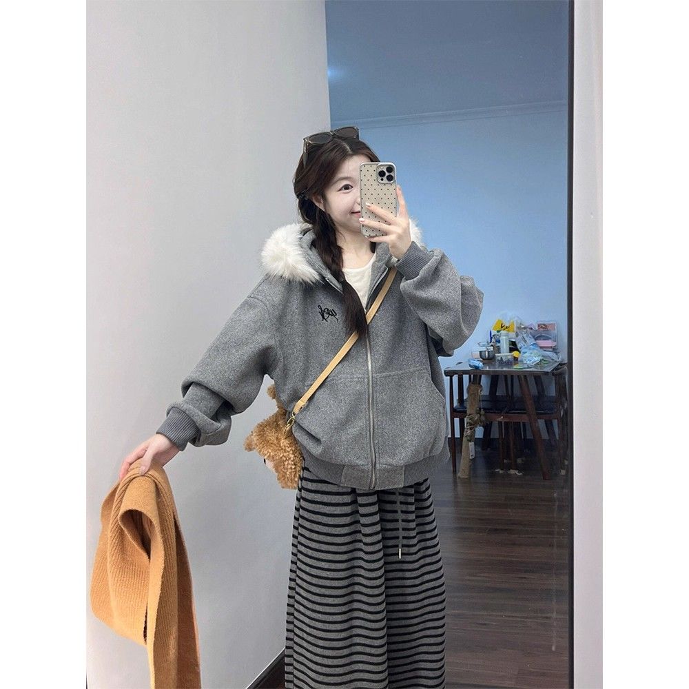Thick hooded coat lazy fur collar hoodie for women