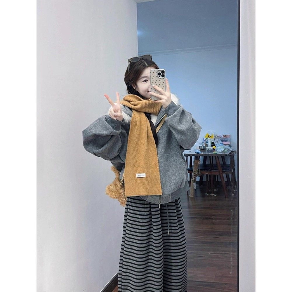 Thick hooded coat lazy fur collar hoodie for women