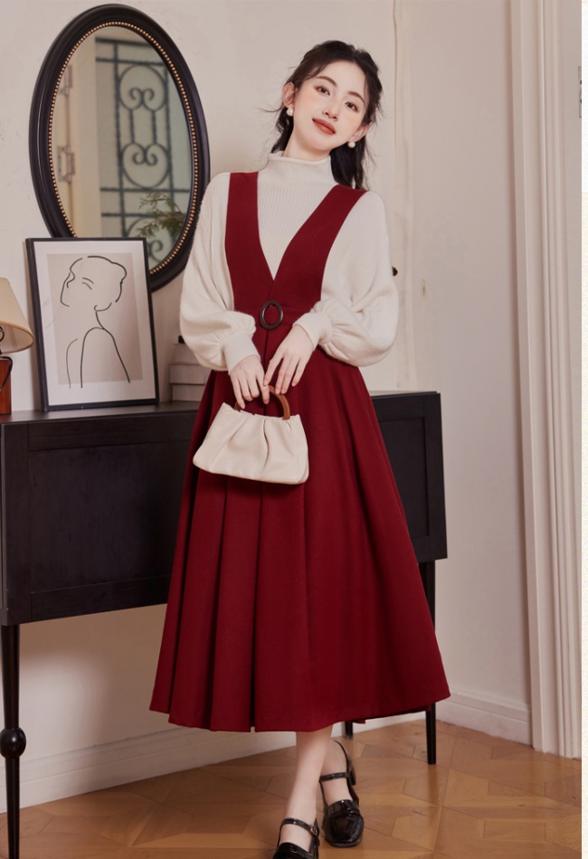 France style sweater strap dress 2pcs set