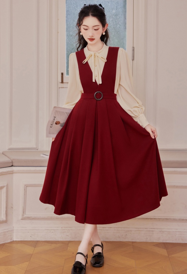 Retro slim tops thin it high waist shirt 2pcs set