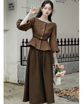 Pinched waist chanelstyle jacket slim sweater 3pcs set