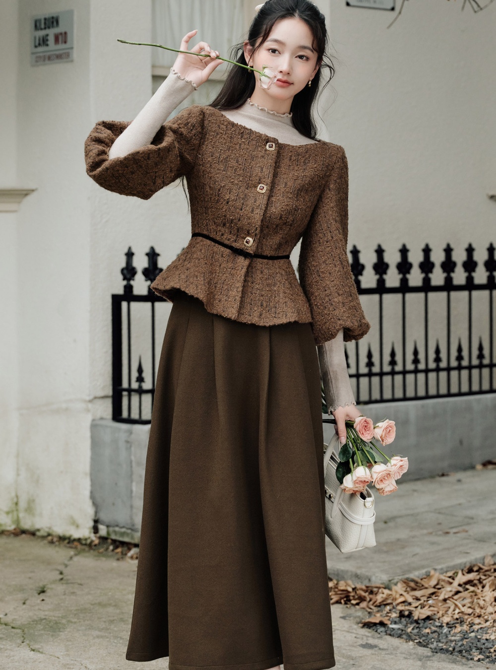 Pinched waist chanelstyle jacket slim sweater 3pcs set