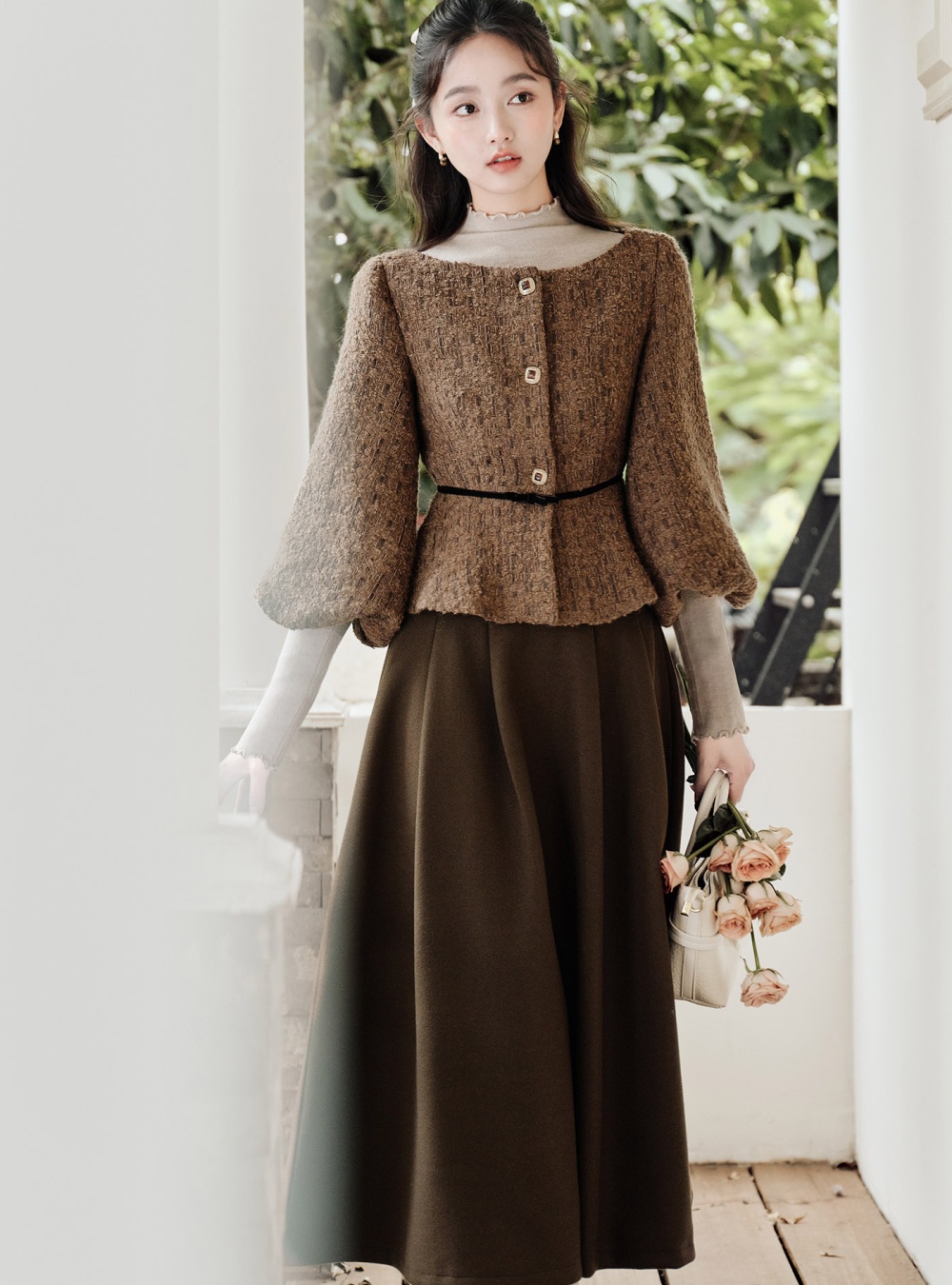 Pinched waist chanelstyle jacket slim sweater 3pcs set