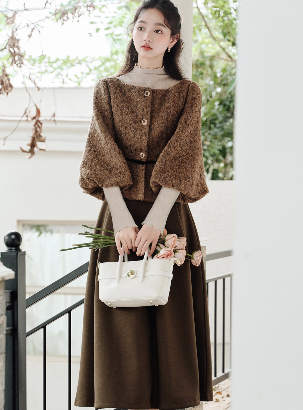 Pinched waist chanelstyle jacket slim sweater 3pcs set