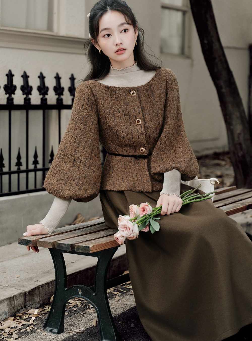 Pinched waist chanelstyle jacket slim sweater 3pcs set