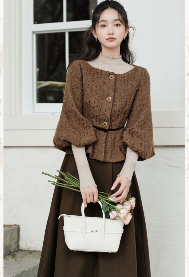 Pinched waist chanelstyle jacket slim sweater 3pcs set