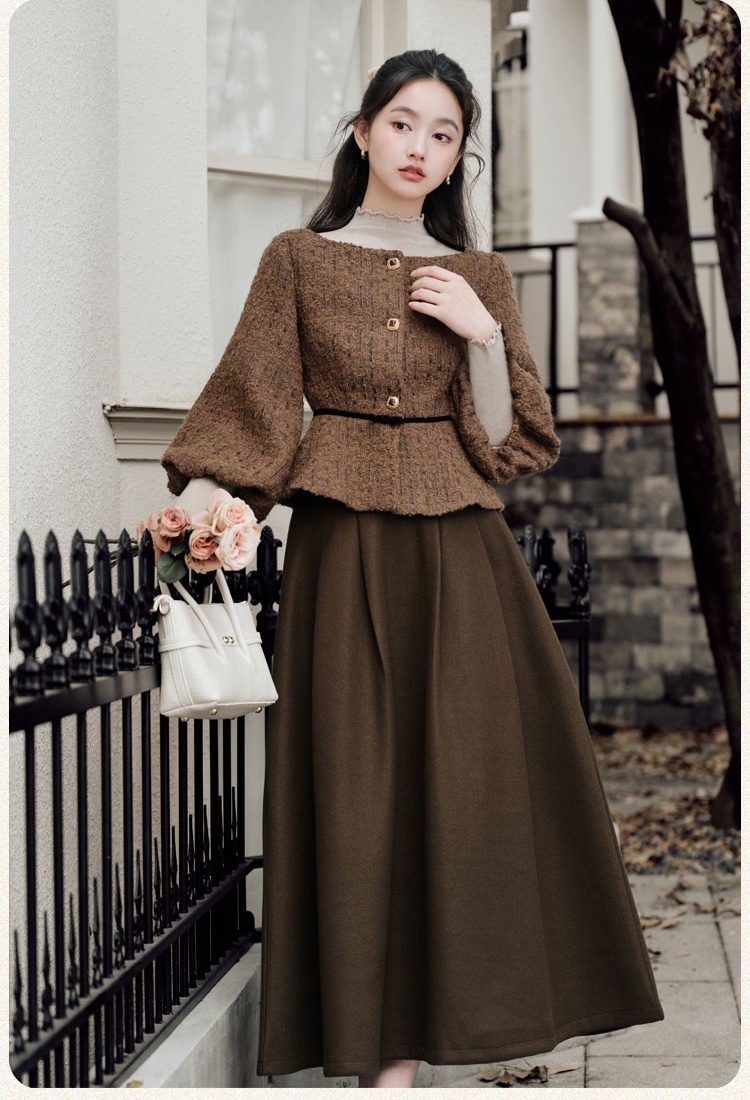 Pinched waist chanelstyle jacket slim sweater 3pcs set