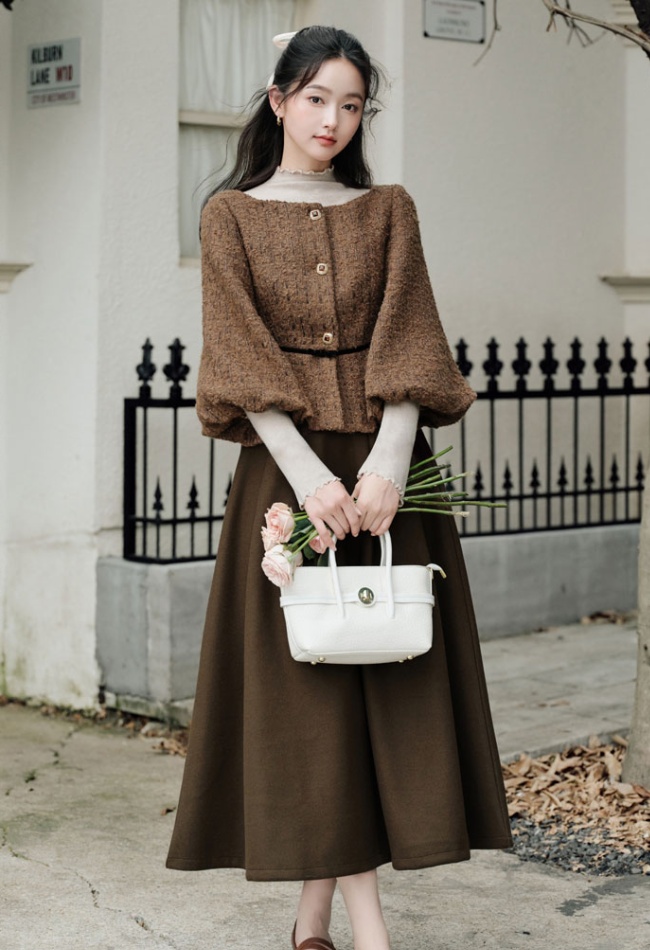 Pinched waist chanelstyle jacket slim sweater 3pcs set