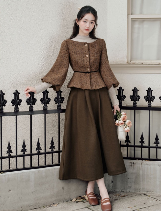 Pinched waist chanelstyle jacket slim sweater 3pcs set