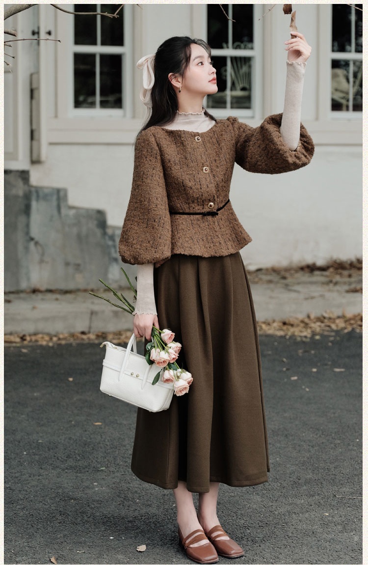 Pinched waist chanelstyle jacket slim sweater 3pcs set