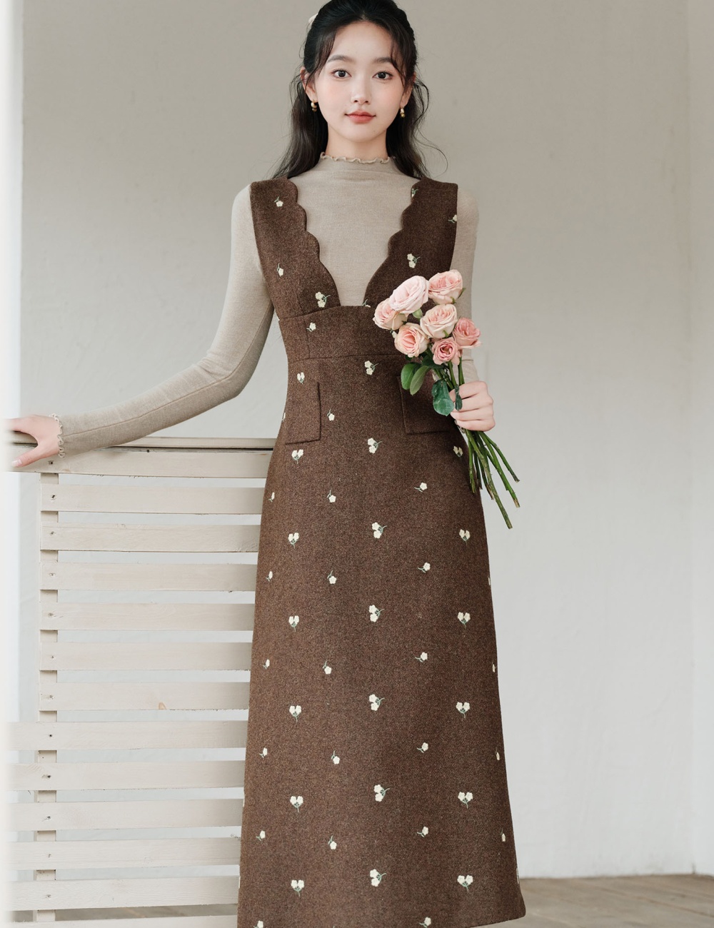 Floral autumn dress embroidery bottoming shirt 2pcs set