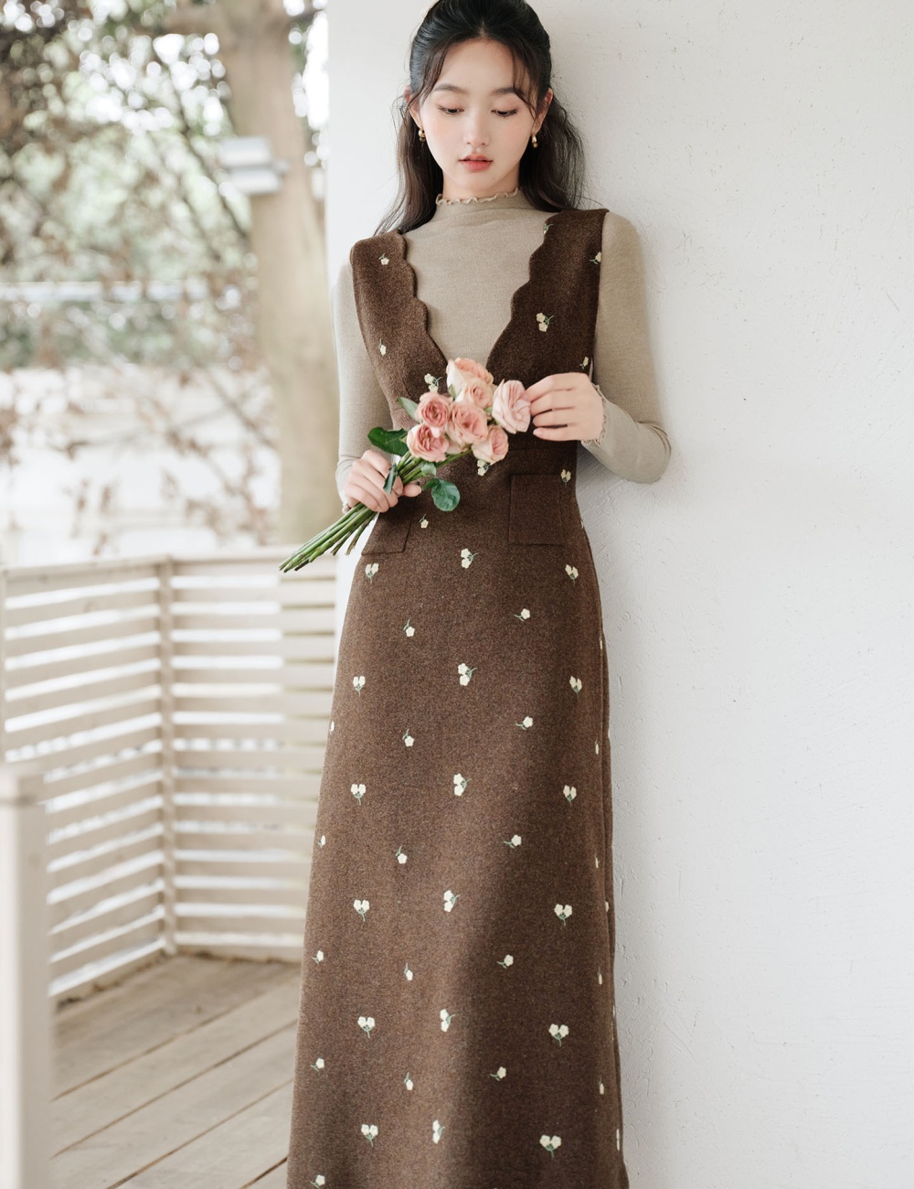 Floral autumn dress embroidery bottoming shirt 2pcs set