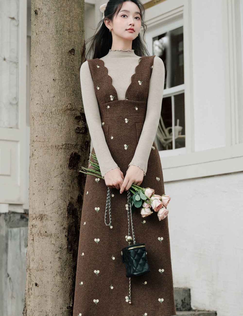 Floral autumn dress embroidery bottoming shirt 2pcs set