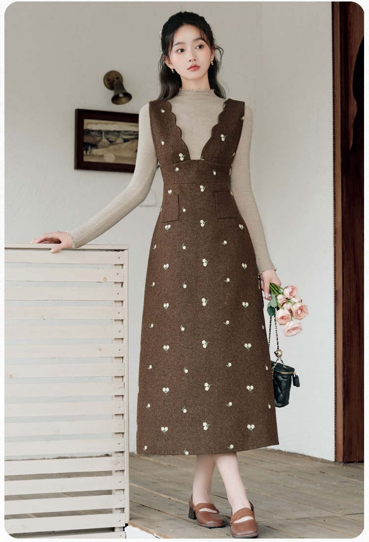 Floral autumn dress embroidery bottoming shirt 2pcs set