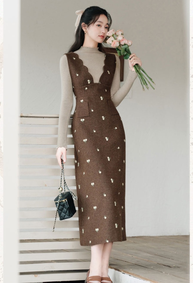 Floral autumn dress embroidery bottoming shirt 2pcs set