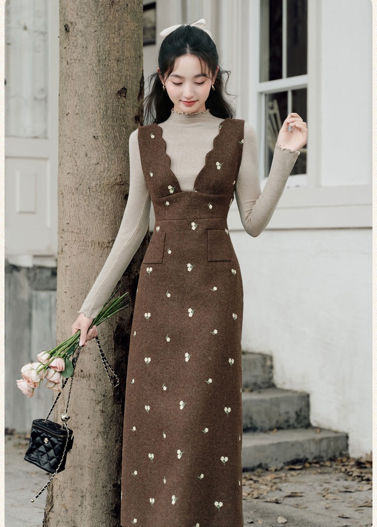 Floral autumn dress embroidery bottoming shirt 2pcs set