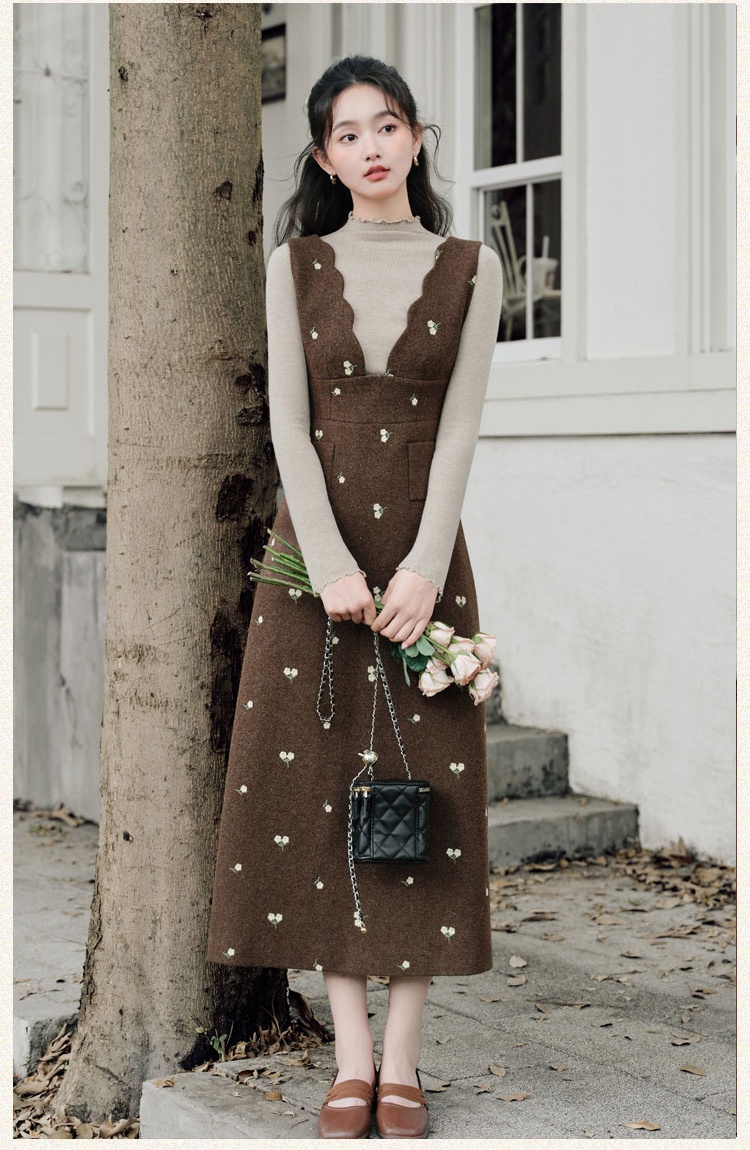 Floral autumn dress embroidery bottoming shirt 2pcs set