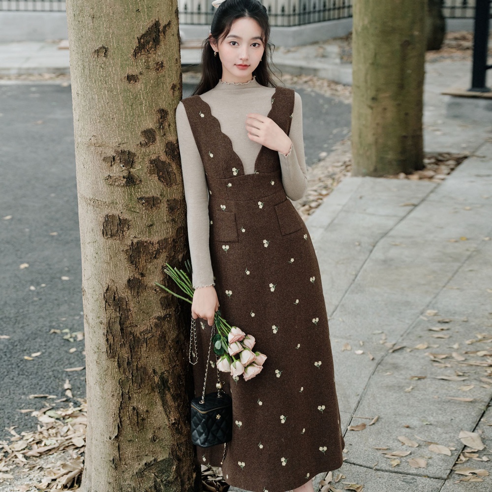 Floral autumn dress embroidery bottoming shirt 2pcs set