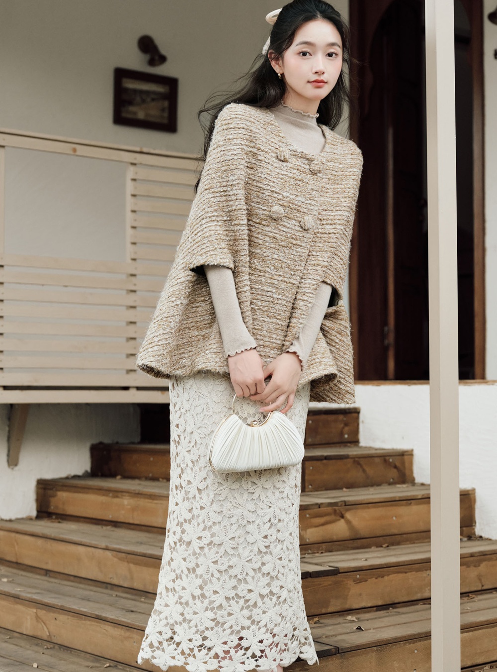 France style coat hollow shawl 3pcs set for women