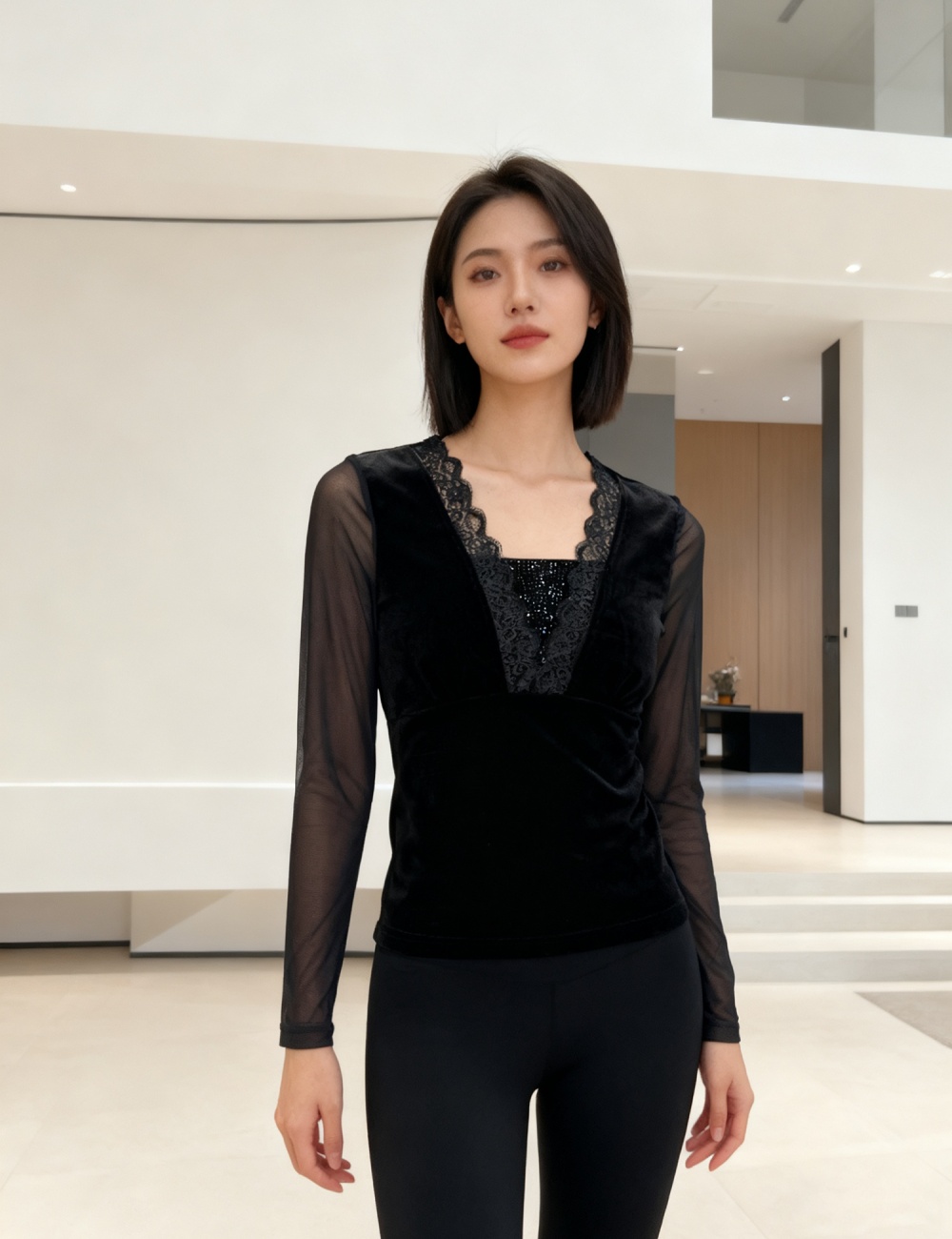 V-neck unique T-shirt rhinestone bottoming shirt