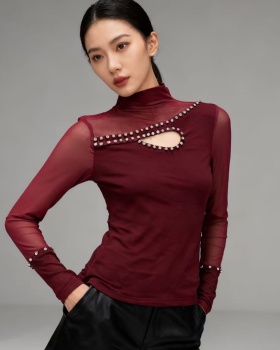 Rhinestone long sleeve bottoming shirt beading tops for women