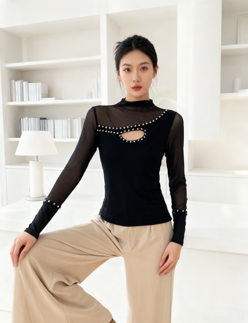 Rhinestone long sleeve bottoming shirt beading tops for women