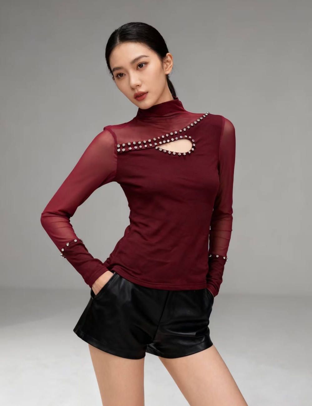 Rhinestone long sleeve bottoming shirt beading tops for women