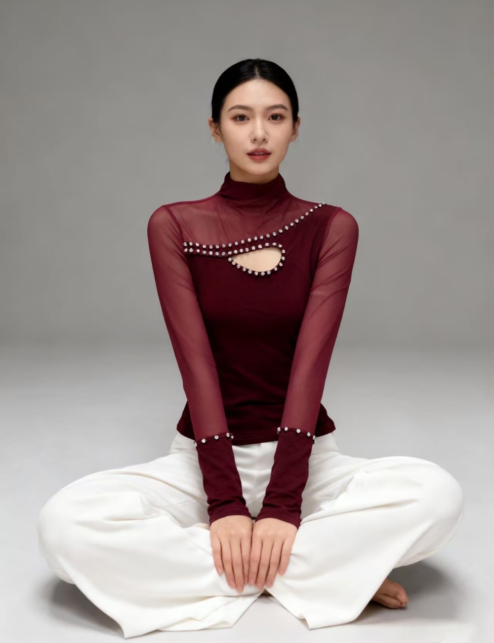 Rhinestone long sleeve bottoming shirt beading tops for women