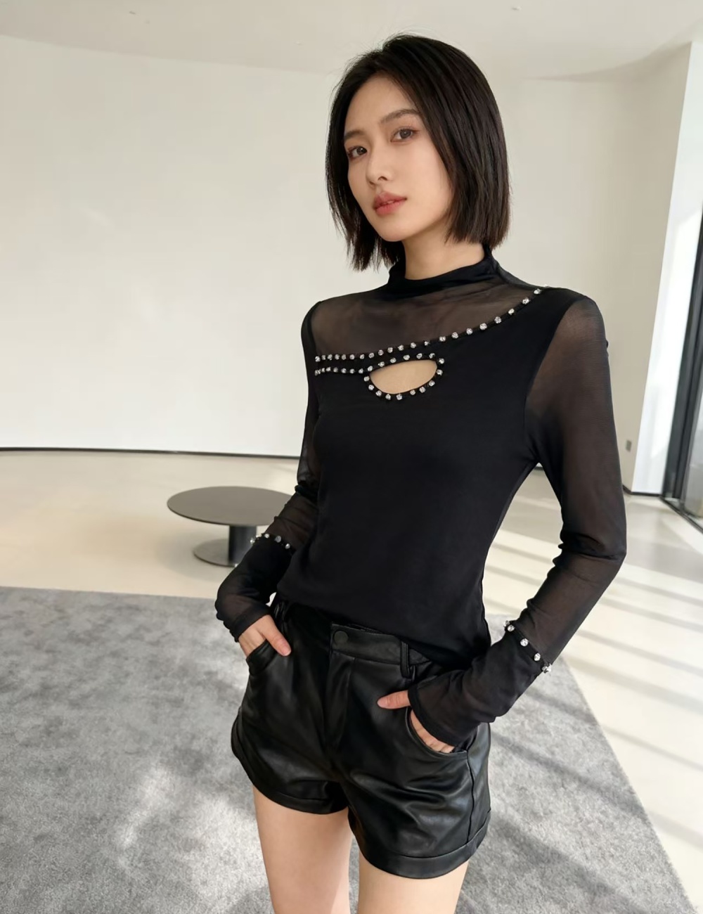 Rhinestone long sleeve bottoming shirt beading tops for women