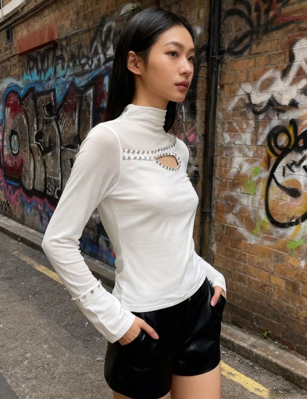 Rhinestone long sleeve bottoming shirt beading tops for women