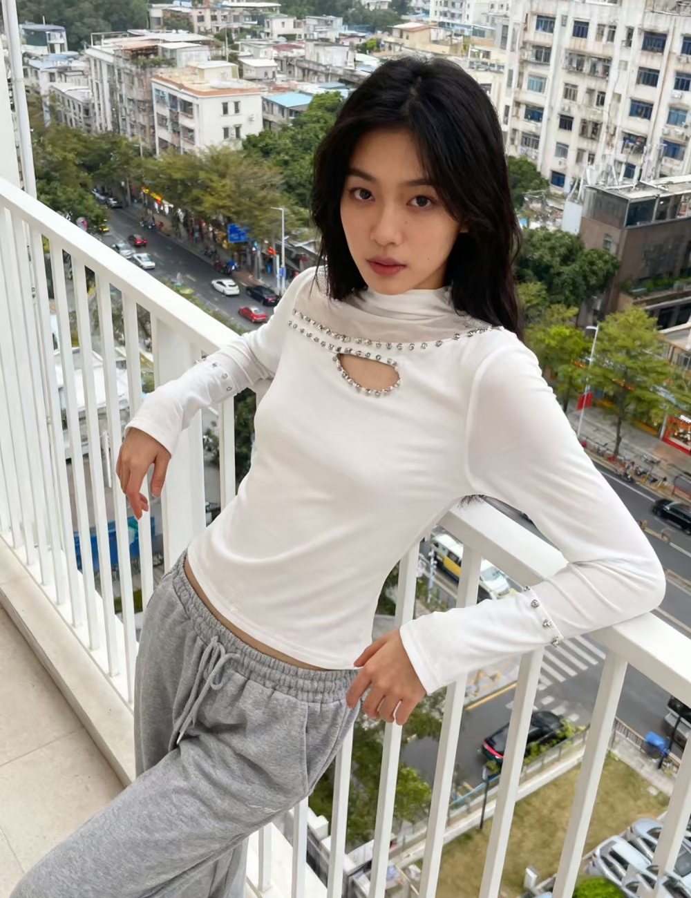 Rhinestone long sleeve bottoming shirt beading tops for women