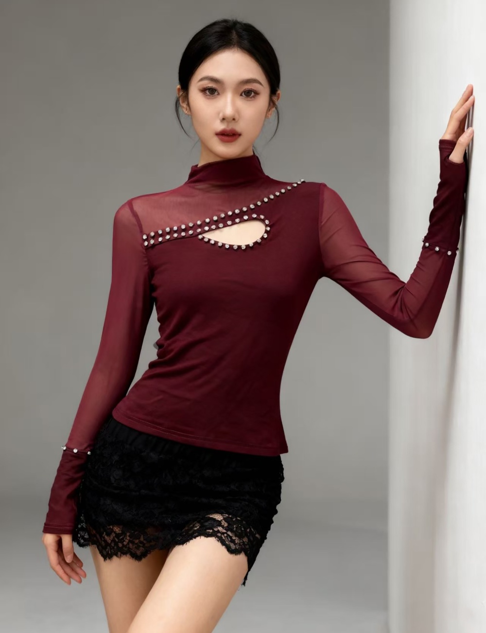 Rhinestone long sleeve bottoming shirt beading tops for women