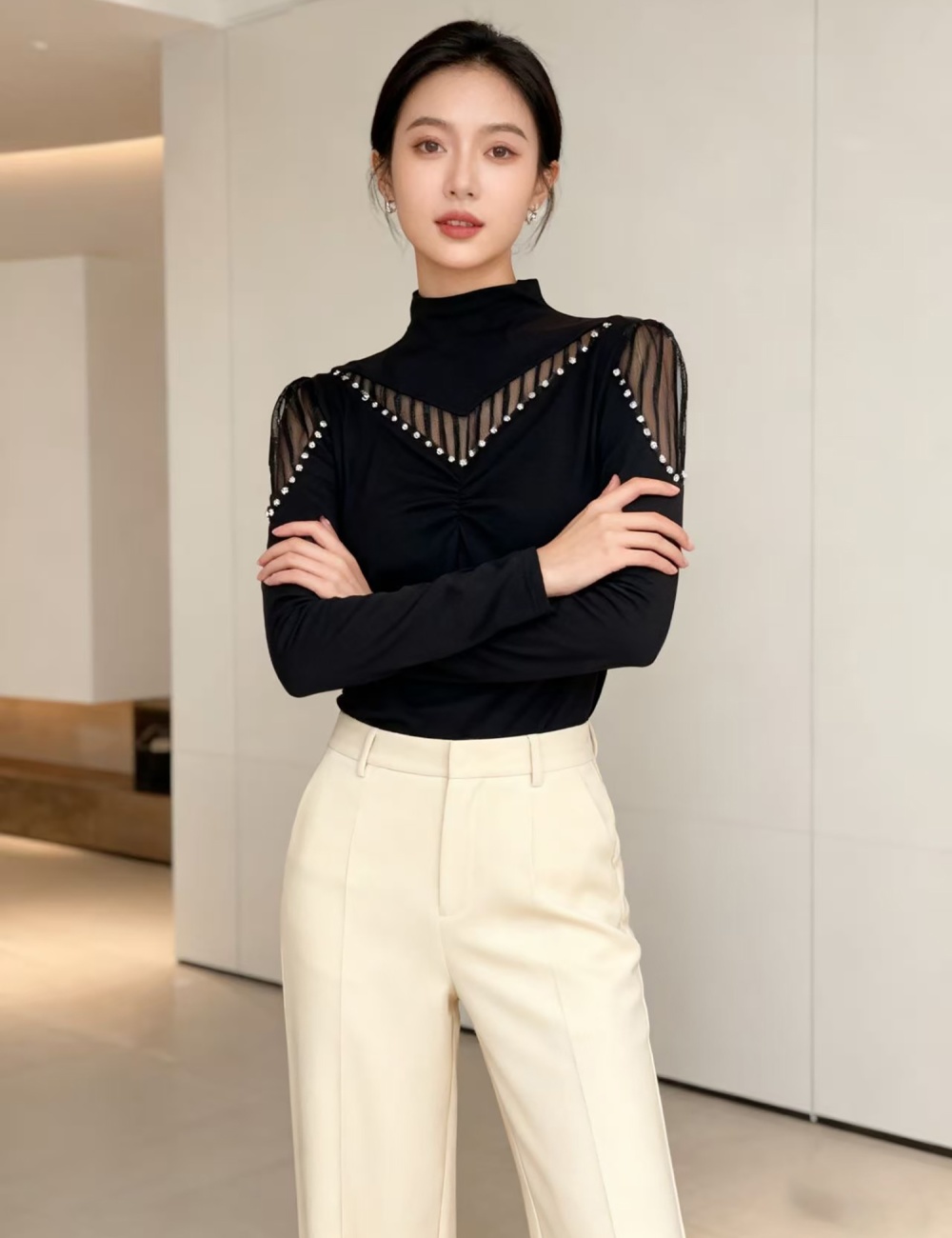 Sueding splice small shirt autumn and winter tops for women