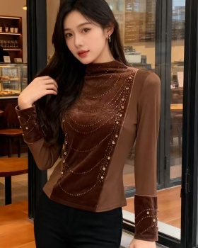 Half high collar tops rhinestone bottoming shirt for women