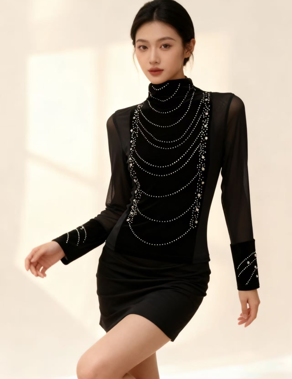 Half high collar tops rhinestone bottoming shirt for women