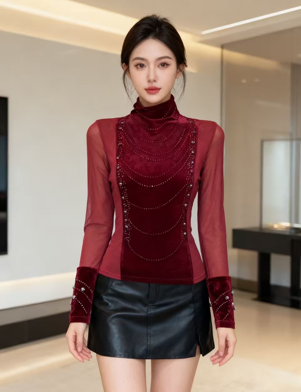 Half high collar tops rhinestone bottoming shirt for women