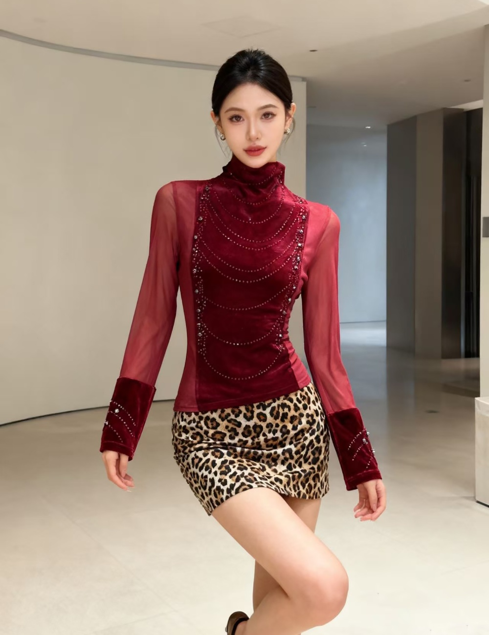 Half high collar tops rhinestone bottoming shirt for women