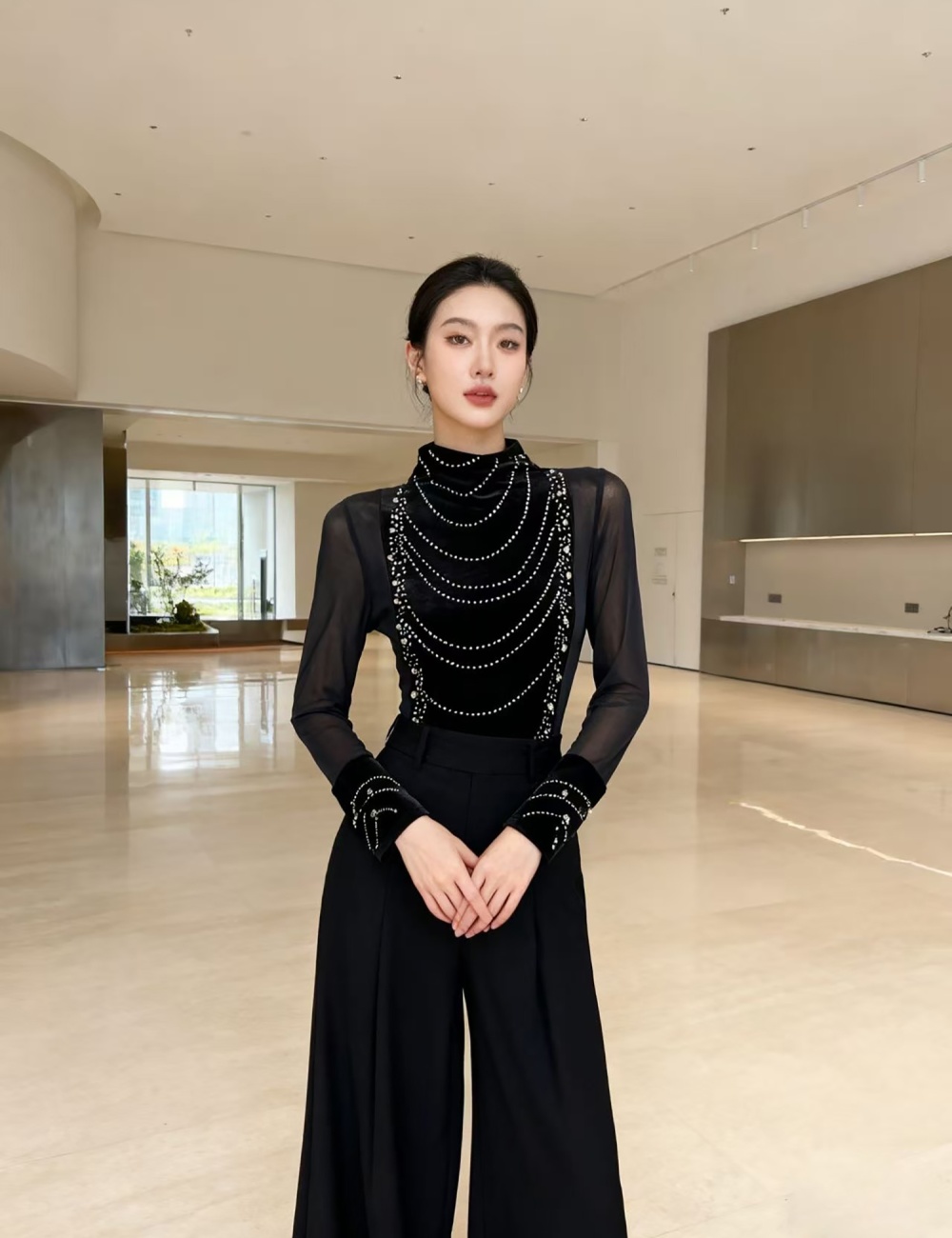 Half high collar tops rhinestone bottoming shirt for women