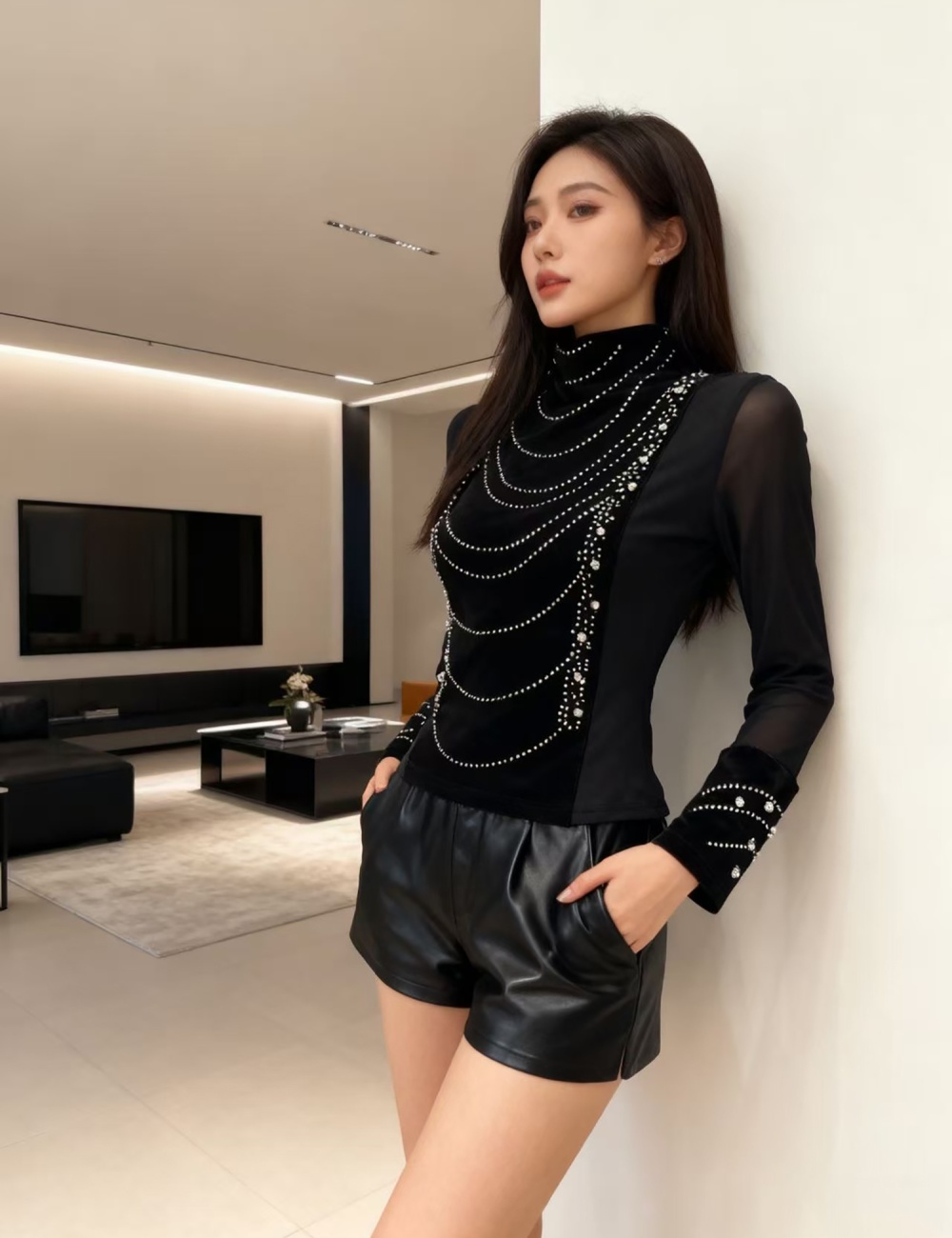 Half high collar tops rhinestone bottoming shirt for women