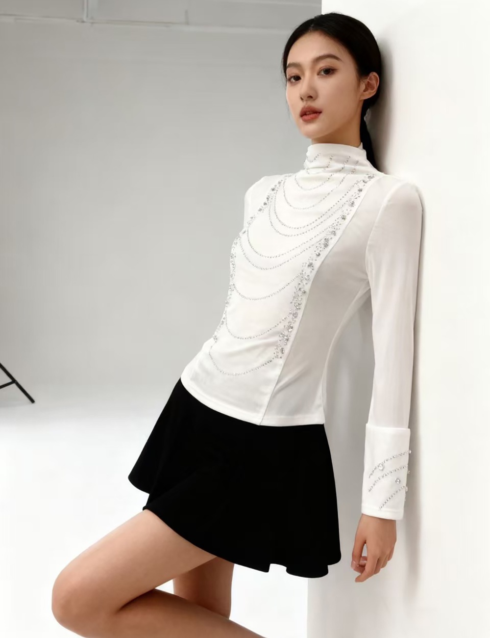 Half high collar tops rhinestone bottoming shirt for women