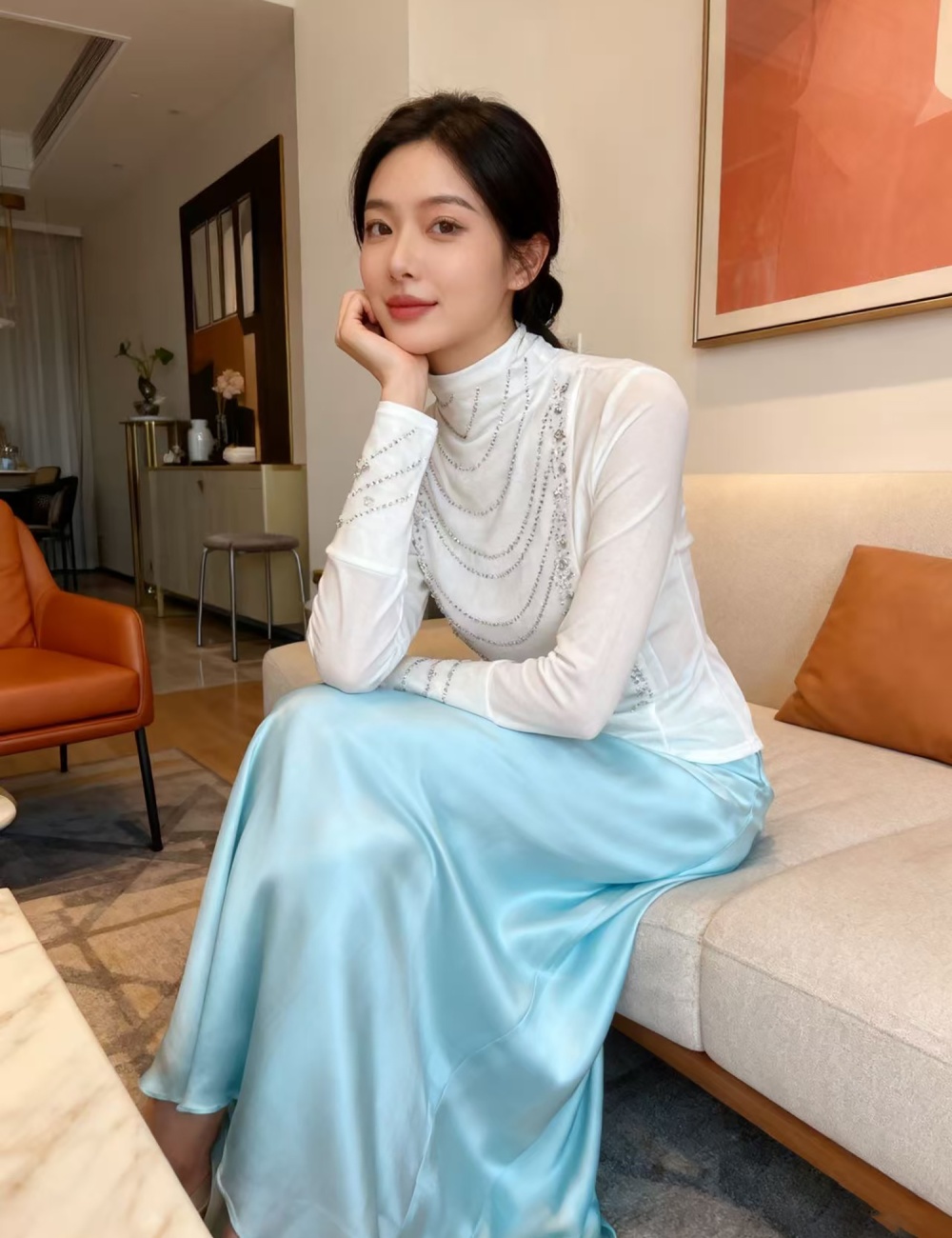 Half high collar tops rhinestone bottoming shirt for women